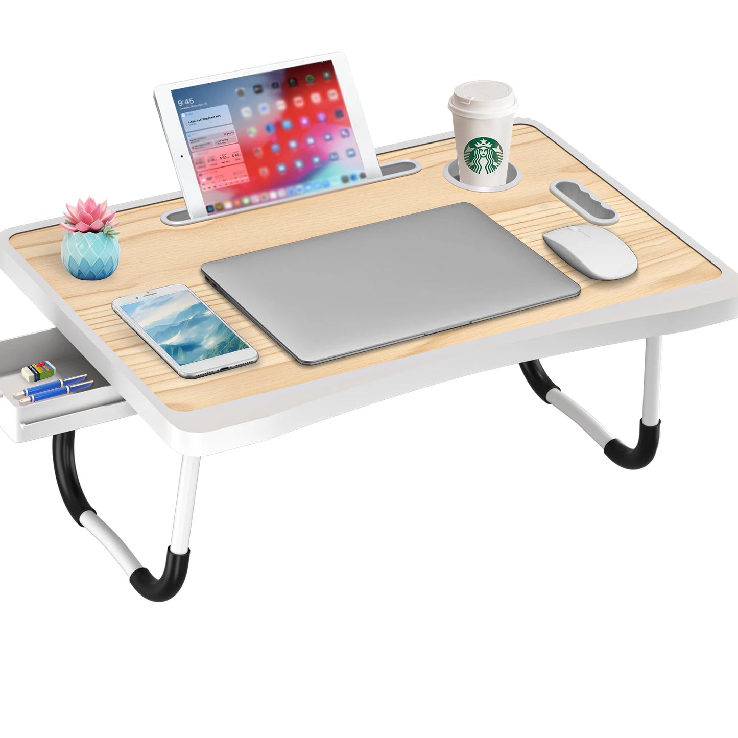 Extra-large multifunctional folding desk, portable multi-color wooden laptop bed desk with cup holder, suitable for work, reading