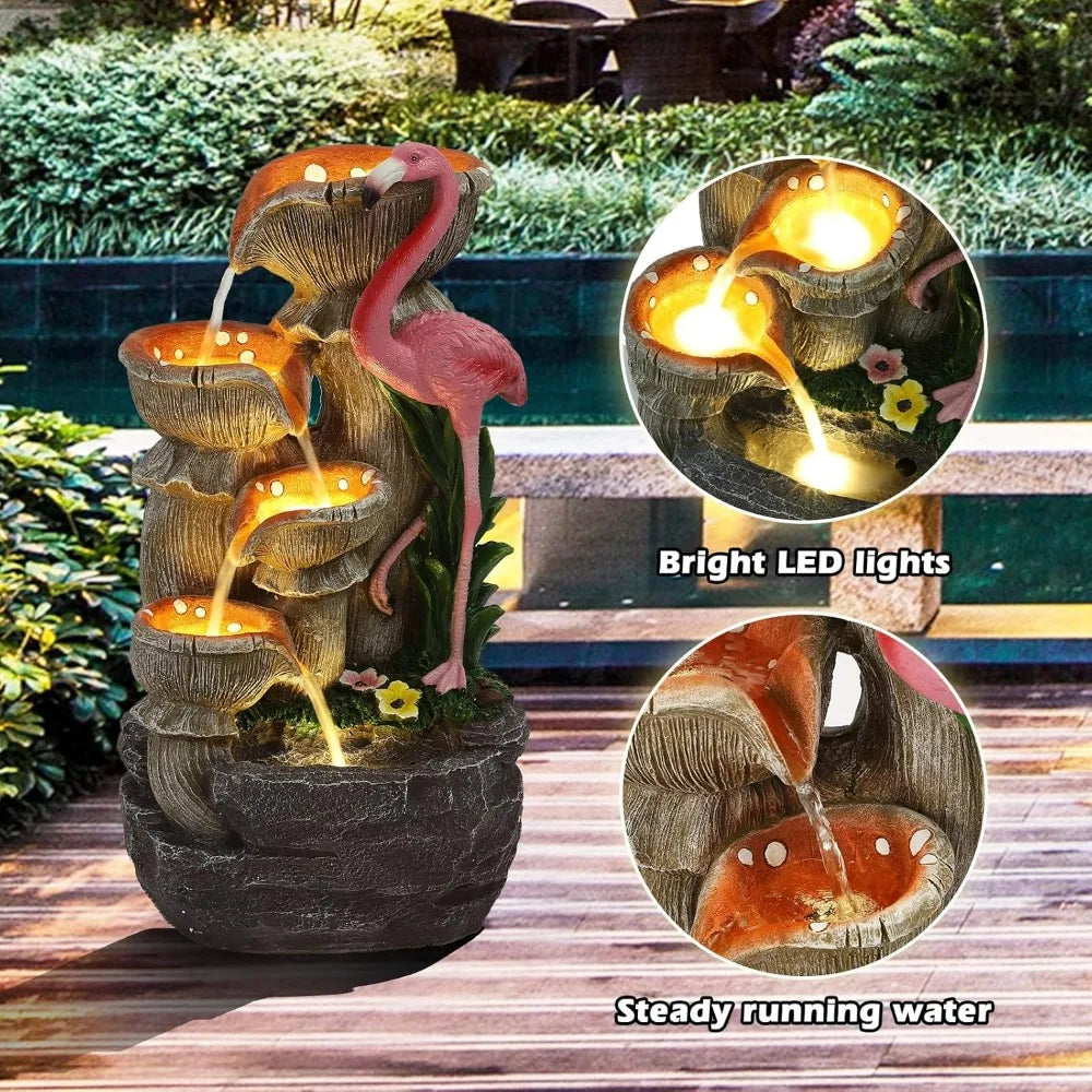 5 Tier Outdoor Indoor Water Feature Fountain, Flamingo Ornamental Cascading Waterfall with 5 LED Lights