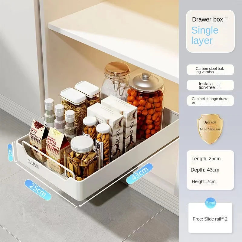 New Kitchen Storage Rack with Slide Rails Pull-out Kitchen Drawer, Storage Tray, Spice Box, Storage Shelf, Cabinets Organizer