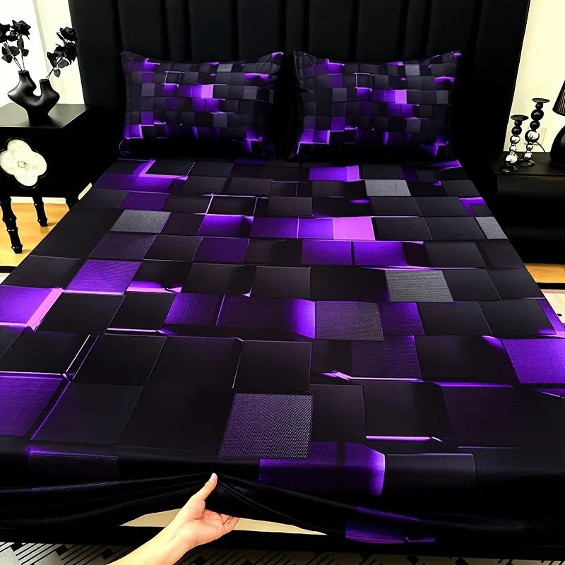 3pcs Cool Technology Digital Printing Material Plaid Fitted Sheet(1pc Bed Sheet+2pcs Pillowcase No Filling) Deep Pocket In 15 In