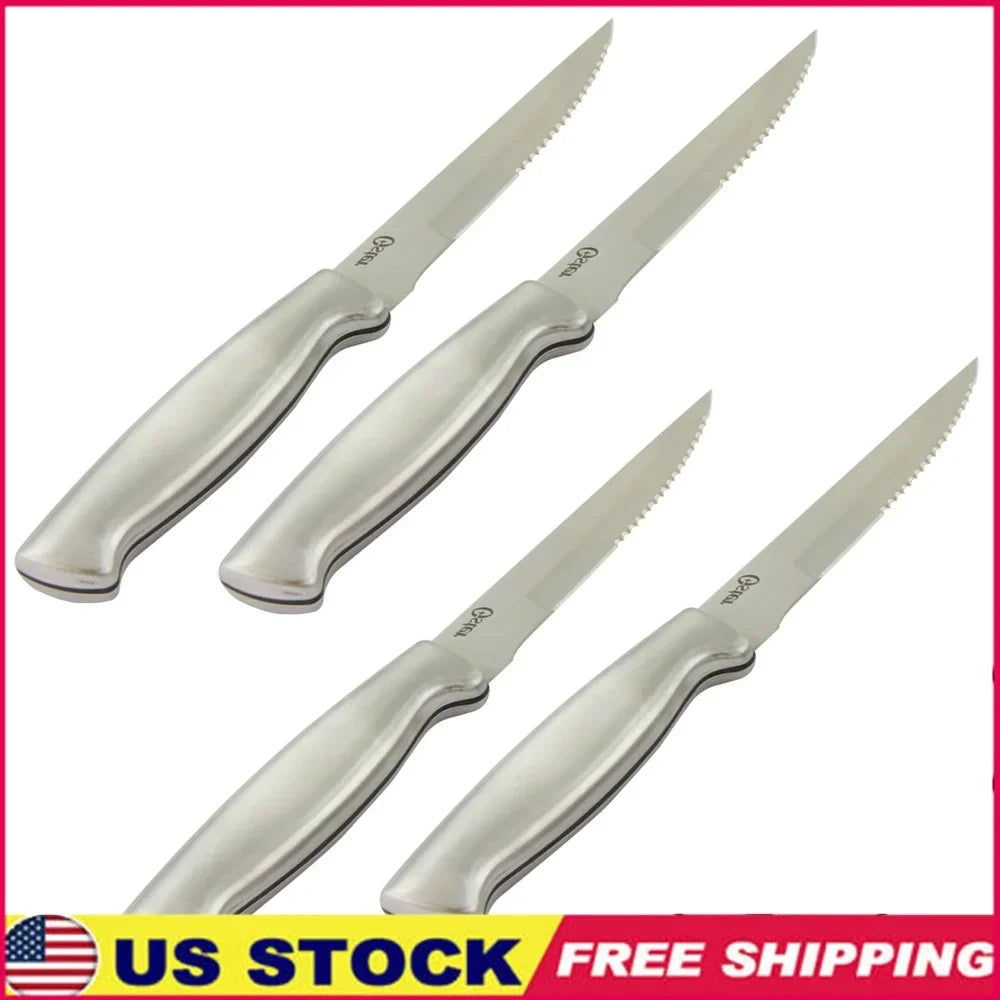Stainless Steel Steak Knife Set 4 Piece 4.5 Inch Serrated Blades Rust Resistant Durable Kitchen Cutlery Hand Wash Recommended