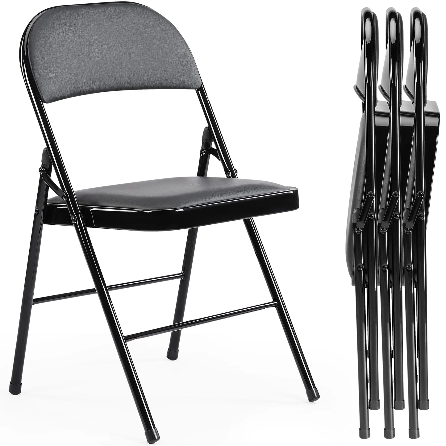 JHK Leather Padded Folding Chair 4 Pack, Sturdy Metal Living Room Dinner Chairs, Easy to Use Storage Outdoor, Home, Office