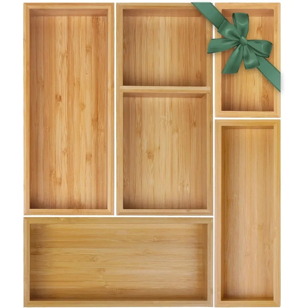 Bamboo drawer organizer Group, 5 multi-purpose personal wood storage organizers, trash drawer dividers
