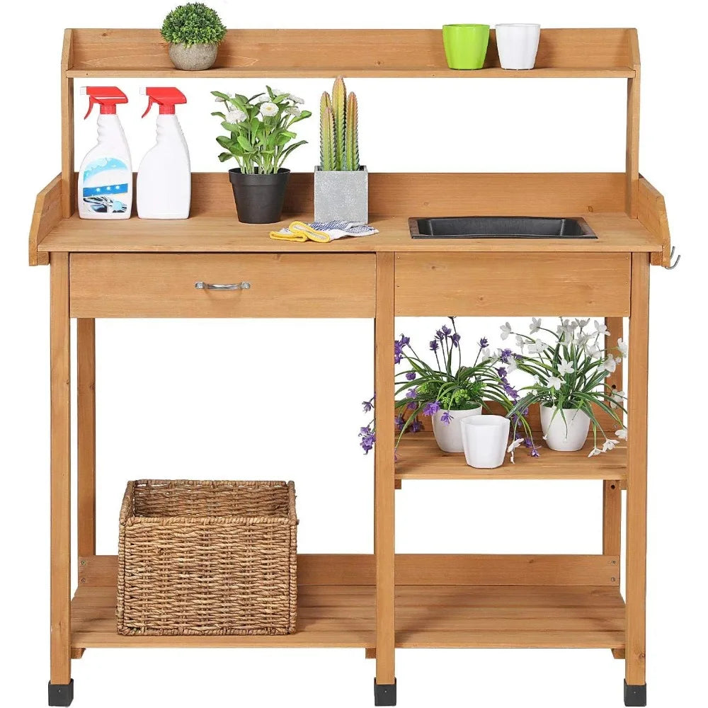 45.2 x 17.7 x 47.6'' Potting Benches Outdoor Garden Potting Table Work Bench with Removable Sink Drawer Rack Shelf