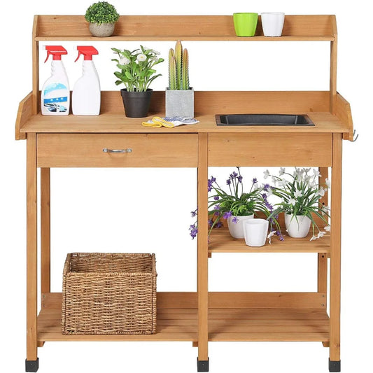 45.2 x 17.7 x 47.6'' Potting Benches Outdoor Garden Potting Table Work Bench with Removable Sink Drawer Rack Shelf