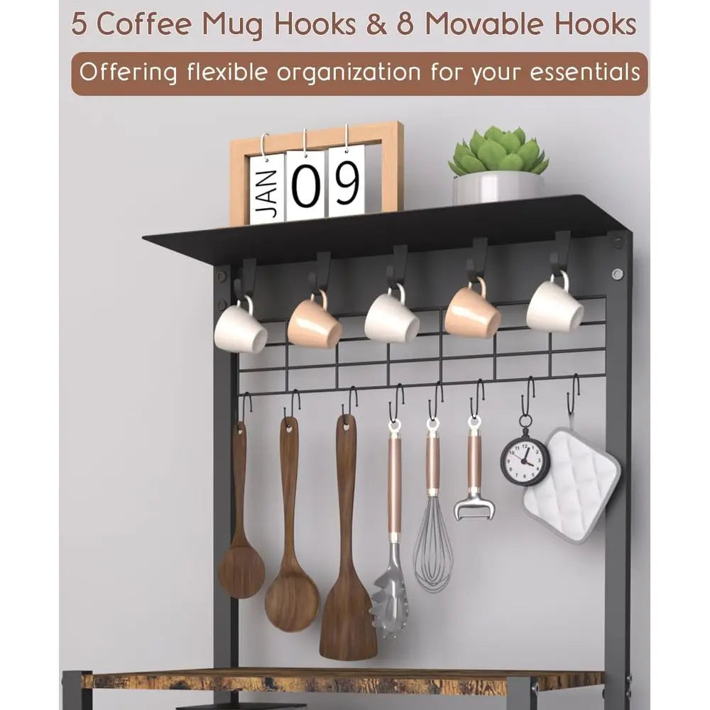 Compact 4-Tier Coffee Bar with Hooks and Basket, Space-Saving Stand, Kitchen Storage Rack for Entryway, Living Room, Café, Black