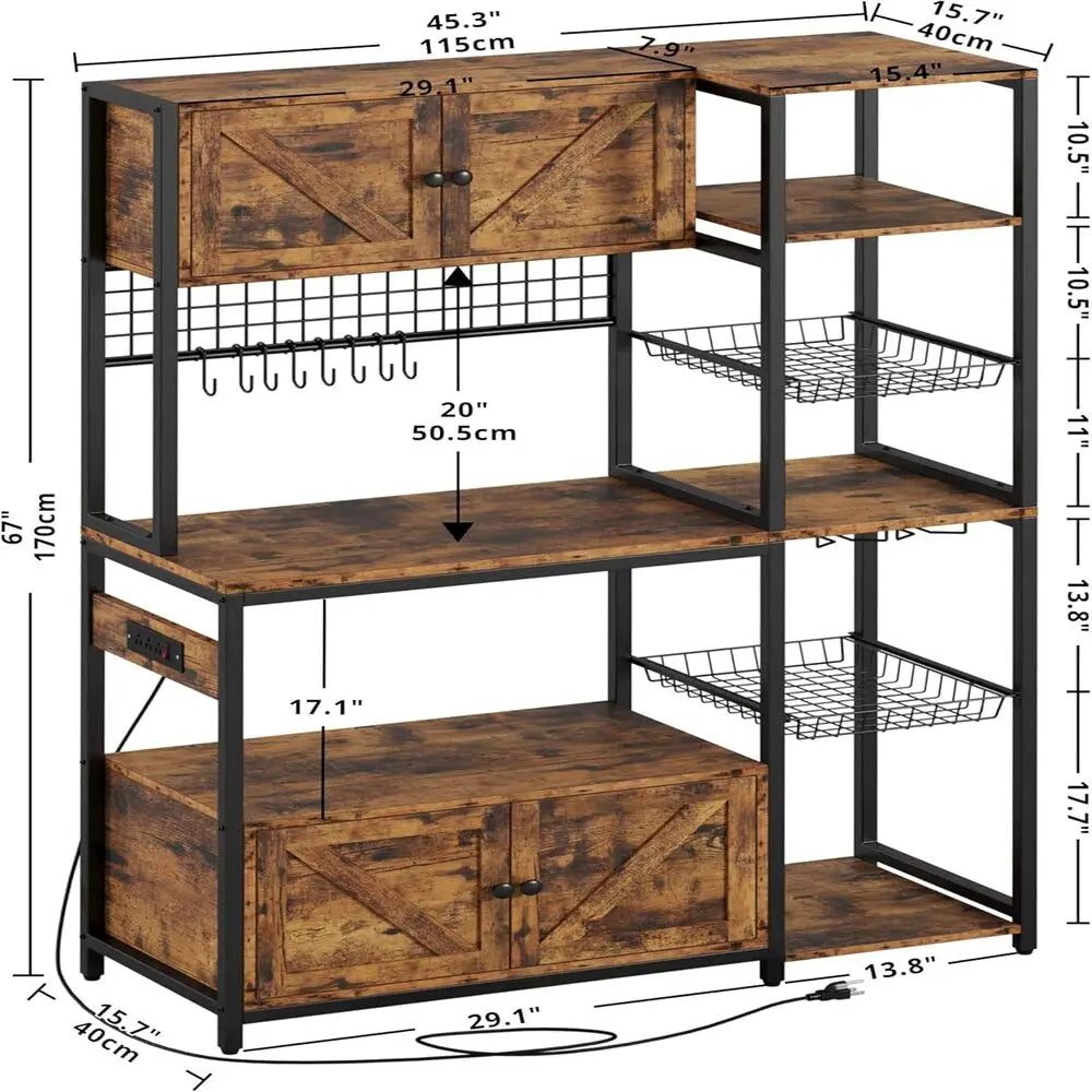 IRONCK Bakers Rack with 2 Storage Cabinets and Power Outlet, 45.3 Inch Kitchen Microwave Stand with Storage, Coffee Bar Cabinet
