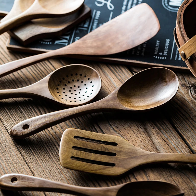 9 PCS Wooden Spoons For Cooking, Wooden Utensils For Cooking With Utensils Holder, Teak Wooden Kitchen Utensils Set