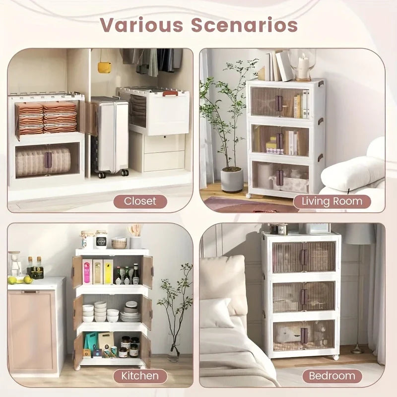Foldable Storage Cabinet with 2/4 Layers, Large Double-Opening Multi-Functional Storage Box with Lid and Wheels, Suitable for Clothes, Toys, Books, Suitable for Kitchen, Bedroom, Playroom, Closet Organization and Storage