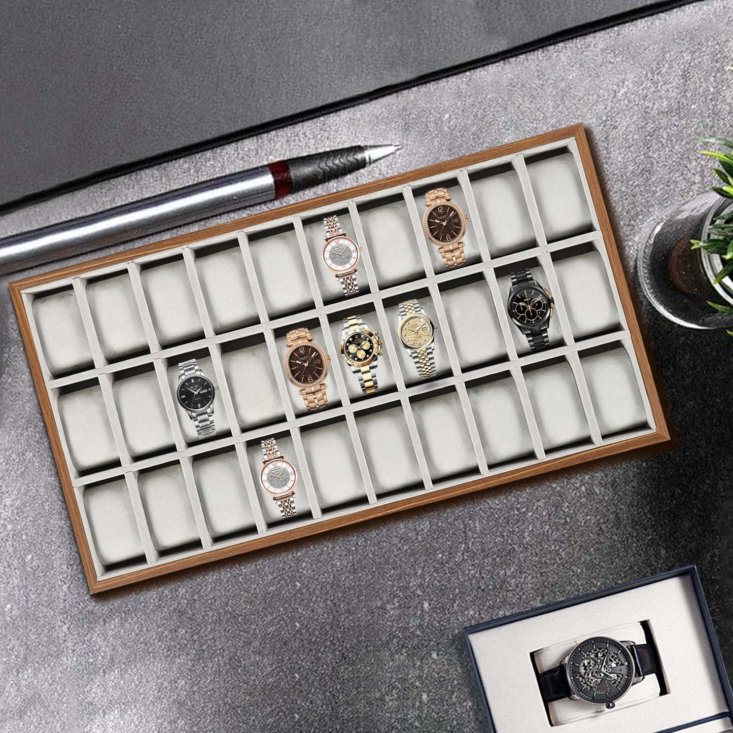 30 Slots Wooden Watch Box Organizer, Luxury Large Watch Jewelry Display Storage Box, Pillows Case, Wood Gift