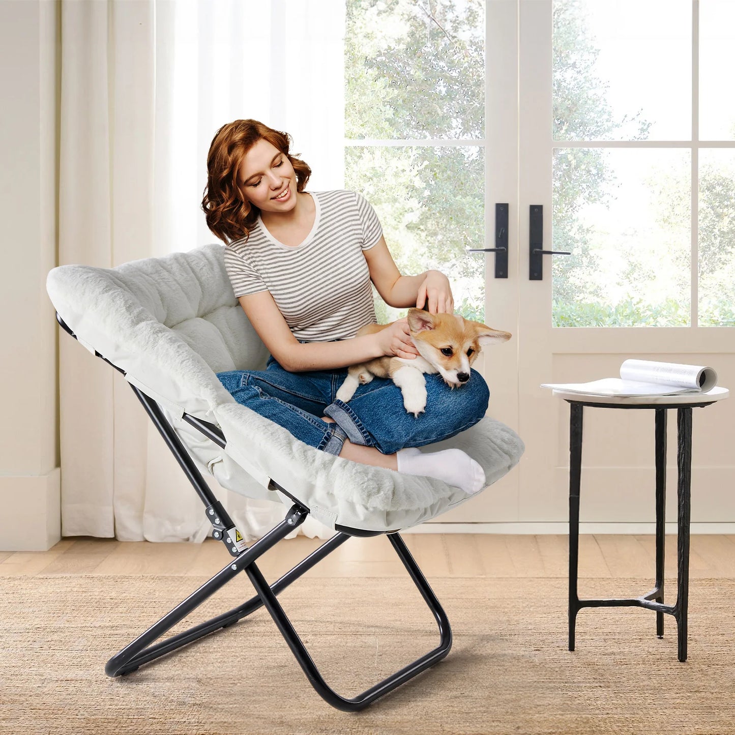 JHK 28IN Cozy Saucer Chairs, Soft Faux Fur, Large Size Folding Lounge, Living Room Padded Seat Metal Frame, Reading Chair