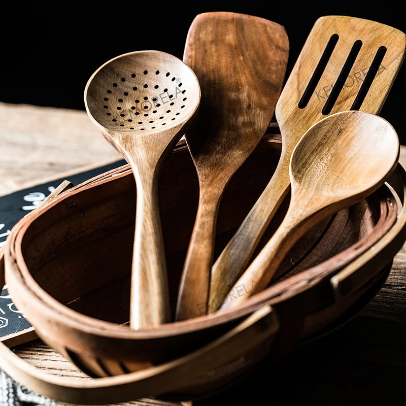9 PCS Wooden Spoons For Cooking, Wooden Utensils For Cooking With Utensils Holder, Teak Wooden Kitchen Utensils Set