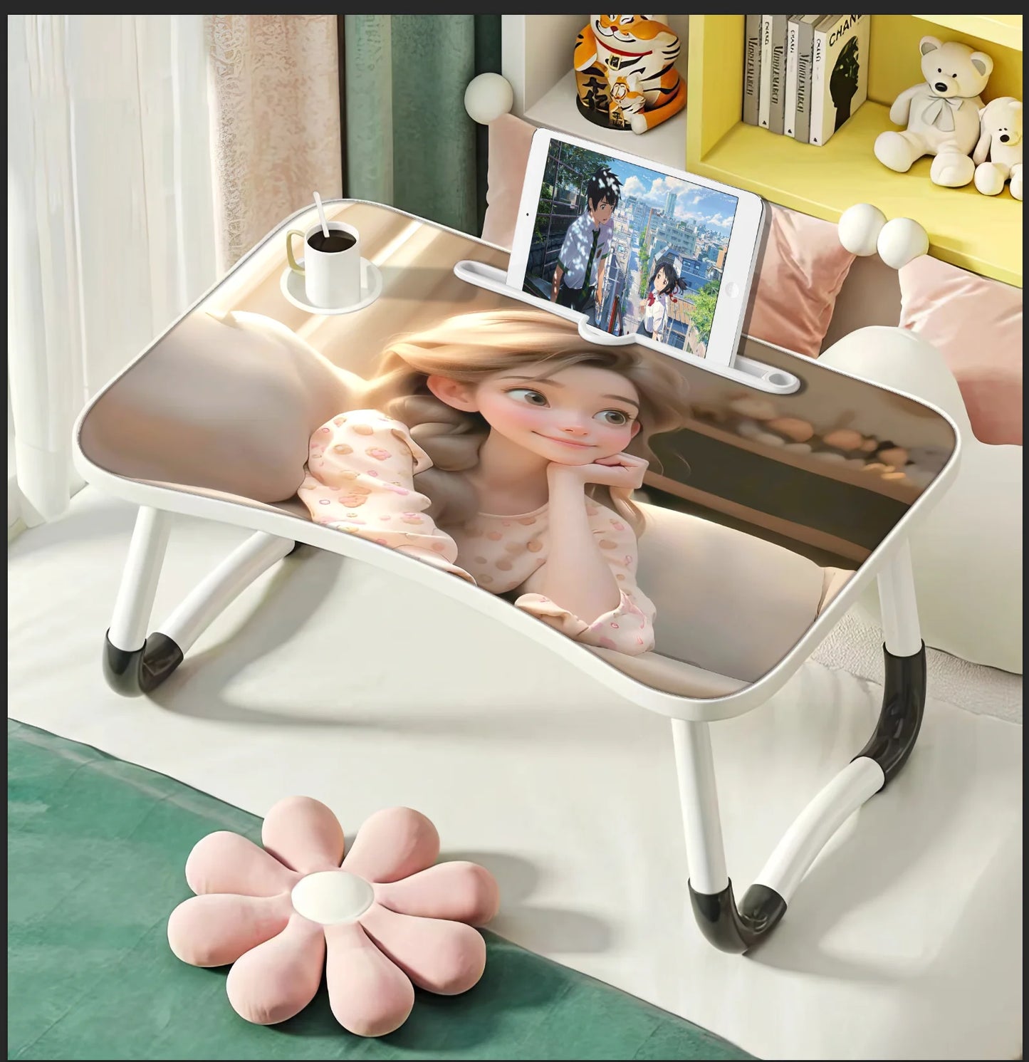 Extra-large multifunctional folding desk, portable multi-color wooden laptop bed desk with cup holder, suitable for work, reading