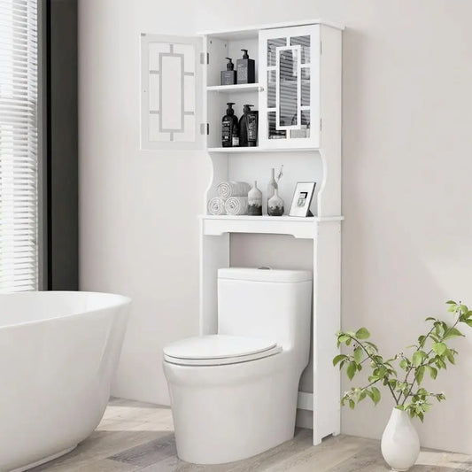 Over The Toilet Storage Cabinet, Home Bathroom Space Saver Organizer Above Toilet, Double Doors and Adjustable Shelf