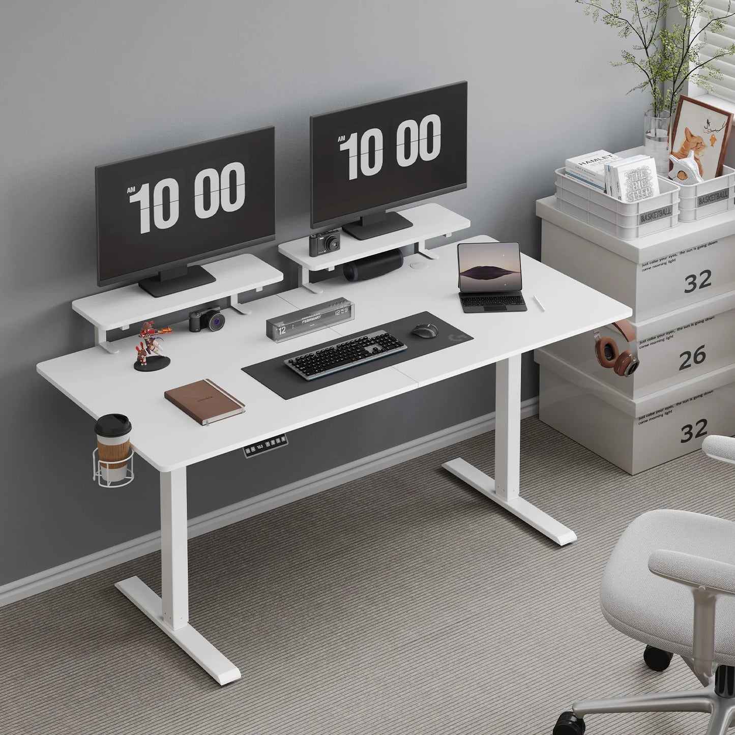 Standing Desk w/ 2 Adjustable Monitor Shelves, Electric Stand Up Desk with Memory Controller & Adjustable Height