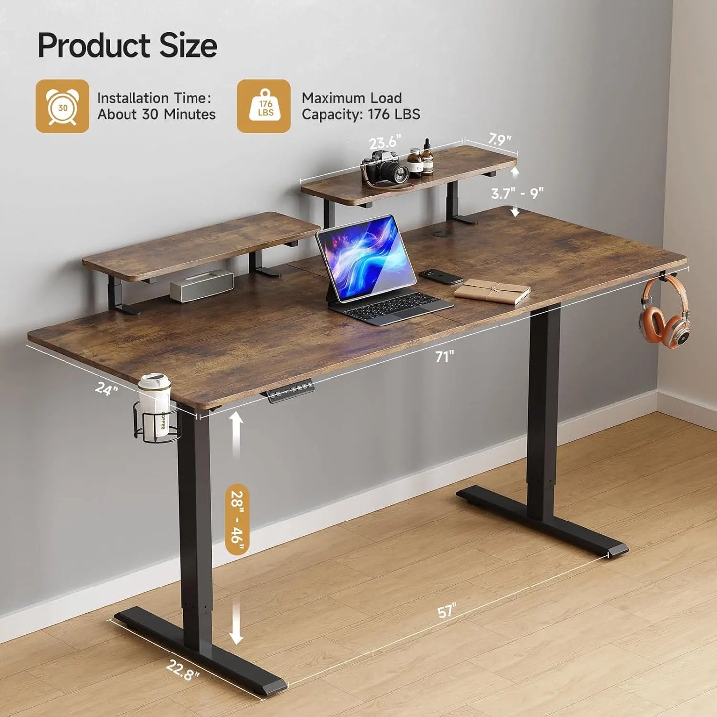 Standing Desk w/ 2 Adjustable Monitor Shelves, Electric Stand Up Desk with Memory Controller & Adjustable Height