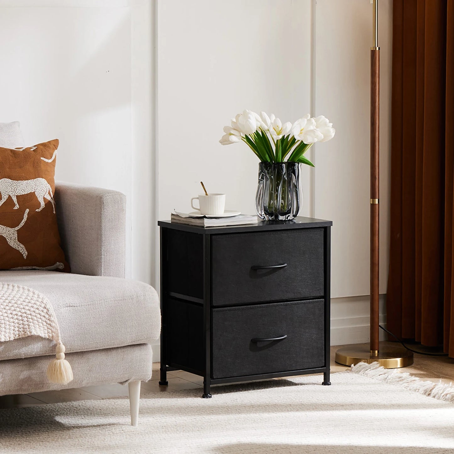 JHK Living Room Cabinet Layers Set of 2 Fabric Drawers, Bedside Nightstand Table, Closet Clothes Chest, Display Cabinet