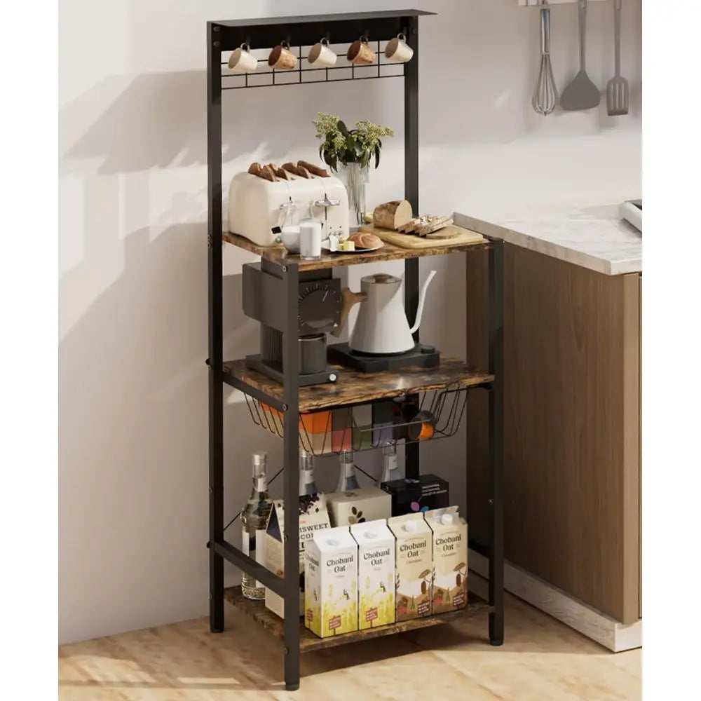 Compact 4-Tier Coffee Bar with Hooks and Basket, Space-Saving Stand, Kitchen Storage Rack for Entryway, Living Room, Café, Black