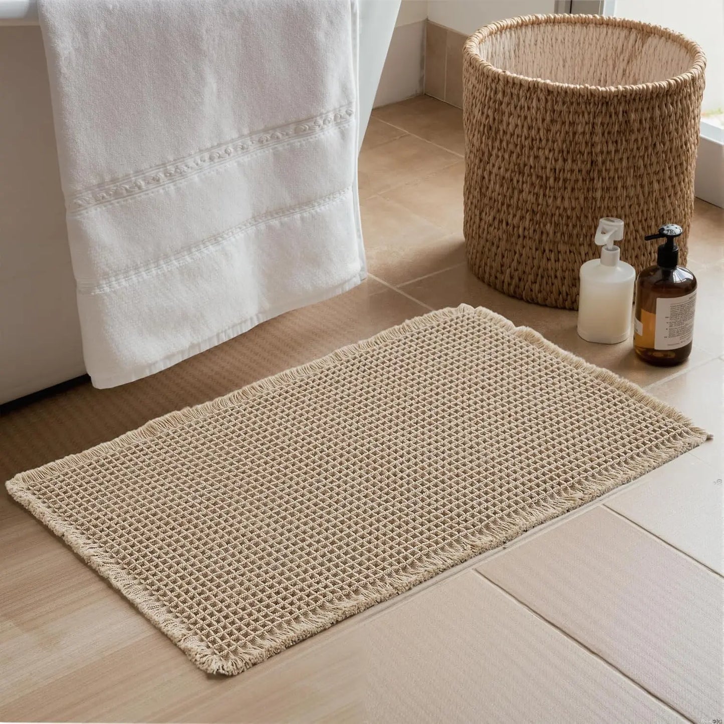Non Slip Waffle Brown Bathroom Rugs, Super Absorbent Quick Dry Soft Washable Small Bath Mat with Tassels for Bathroom
