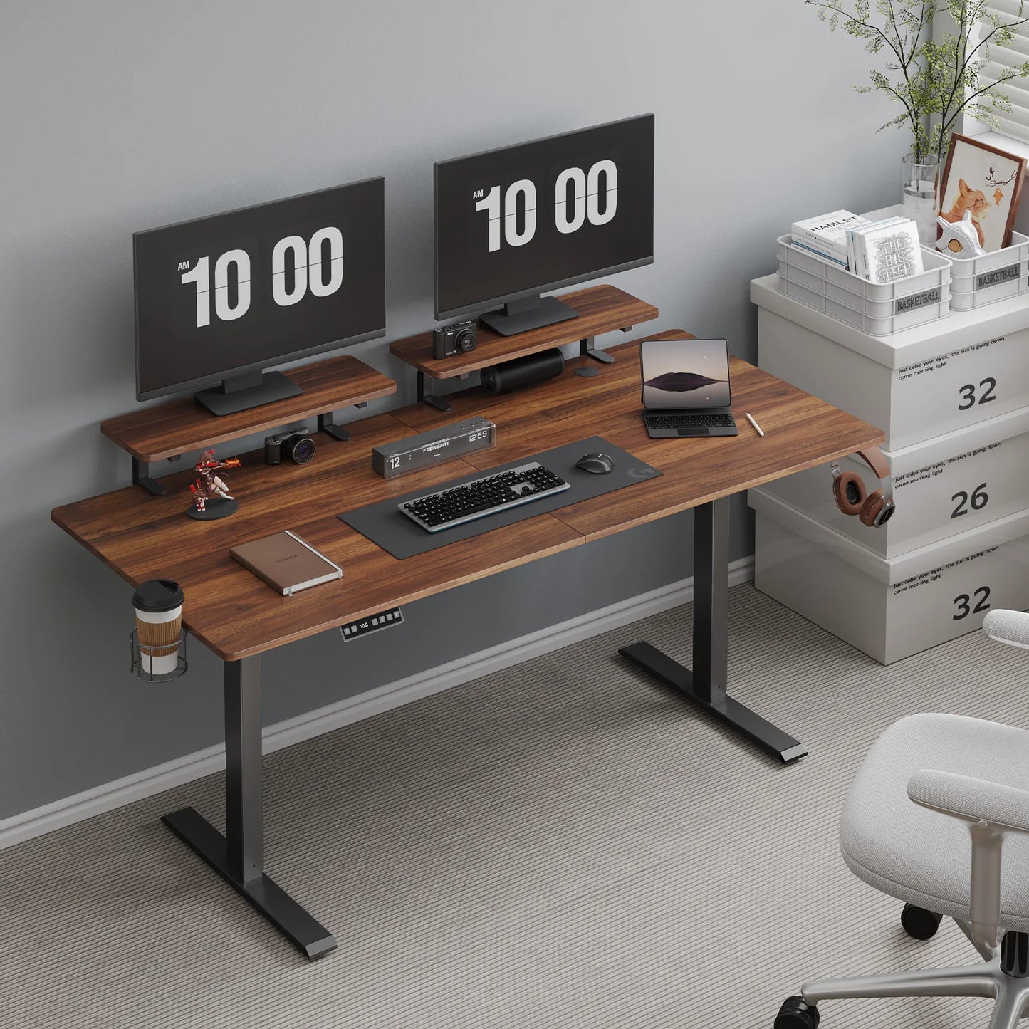 Standing Desk w/ 2 Adjustable Monitor Shelves, Electric Stand Up Desk with Memory Controller & Adjustable Height