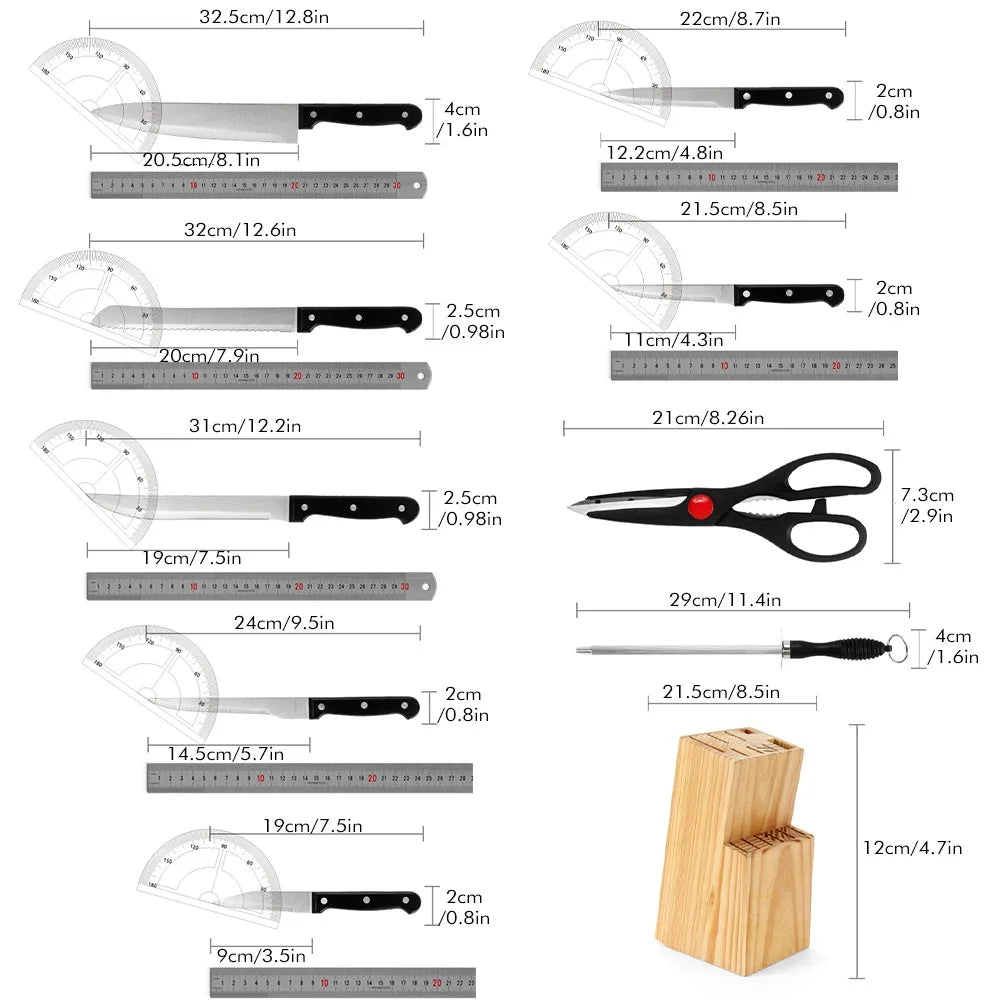 ZENG Full 15pcs Chef Knife Set Stainless Steel, Kitchen Knives Sets with Scissors, Sharpening Rod, Solid Wood Holder Cooking Tool