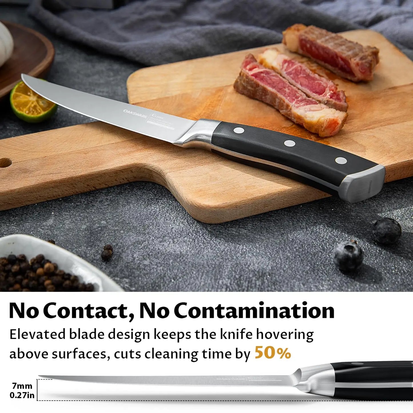 Steak Knives Set of 8, 5 Inch Non Serrated Steak Knife with Beech Block, Razor-Sharp German Stainless Steel Dinner Knives, Durable