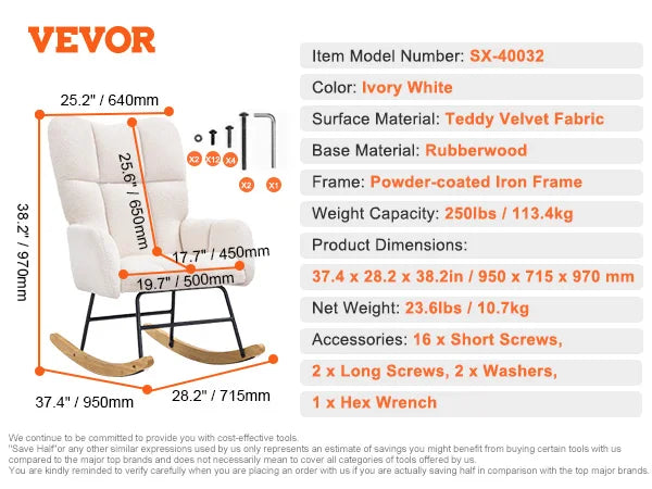 VEVOR Rocking Chair Nursery Glider 250 lbs Weight Capacity Upholstered Glider Rocker Chair for Nursery Bedroom Living Room Home