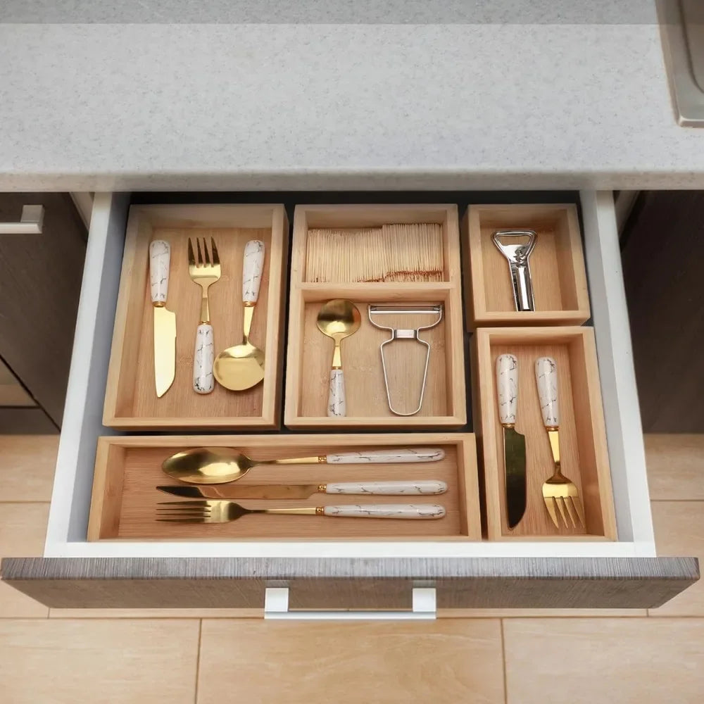 Bamboo drawer organizer Group, 5 multi-purpose personal wood storage organizers, trash drawer dividers