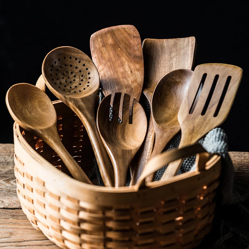 9 PCS Wooden Spoons For Cooking, Wooden Utensils For Cooking With Utensils Holder, Teak Wooden Kitchen Utensils Set