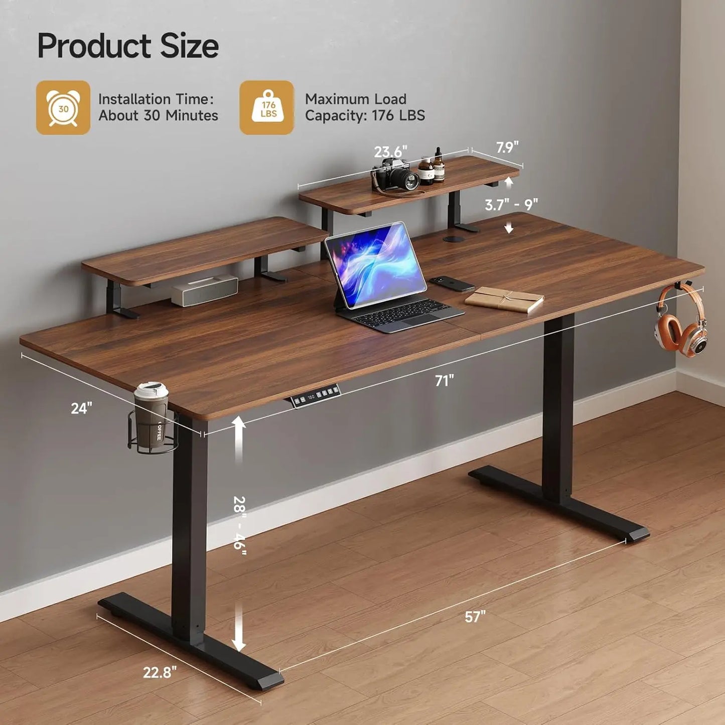Standing Desk w/ 2 Adjustable Monitor Shelves, Electric Stand Up Desk with Memory Controller & Adjustable Height