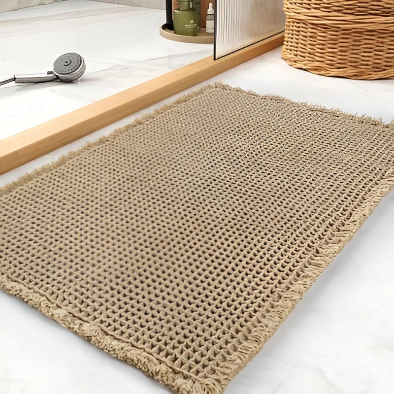 Non Slip Waffle Brown Bathroom Rugs, Super Absorbent Quick Dry Soft Washable Small Bath Mat with Tassels for Bathroom