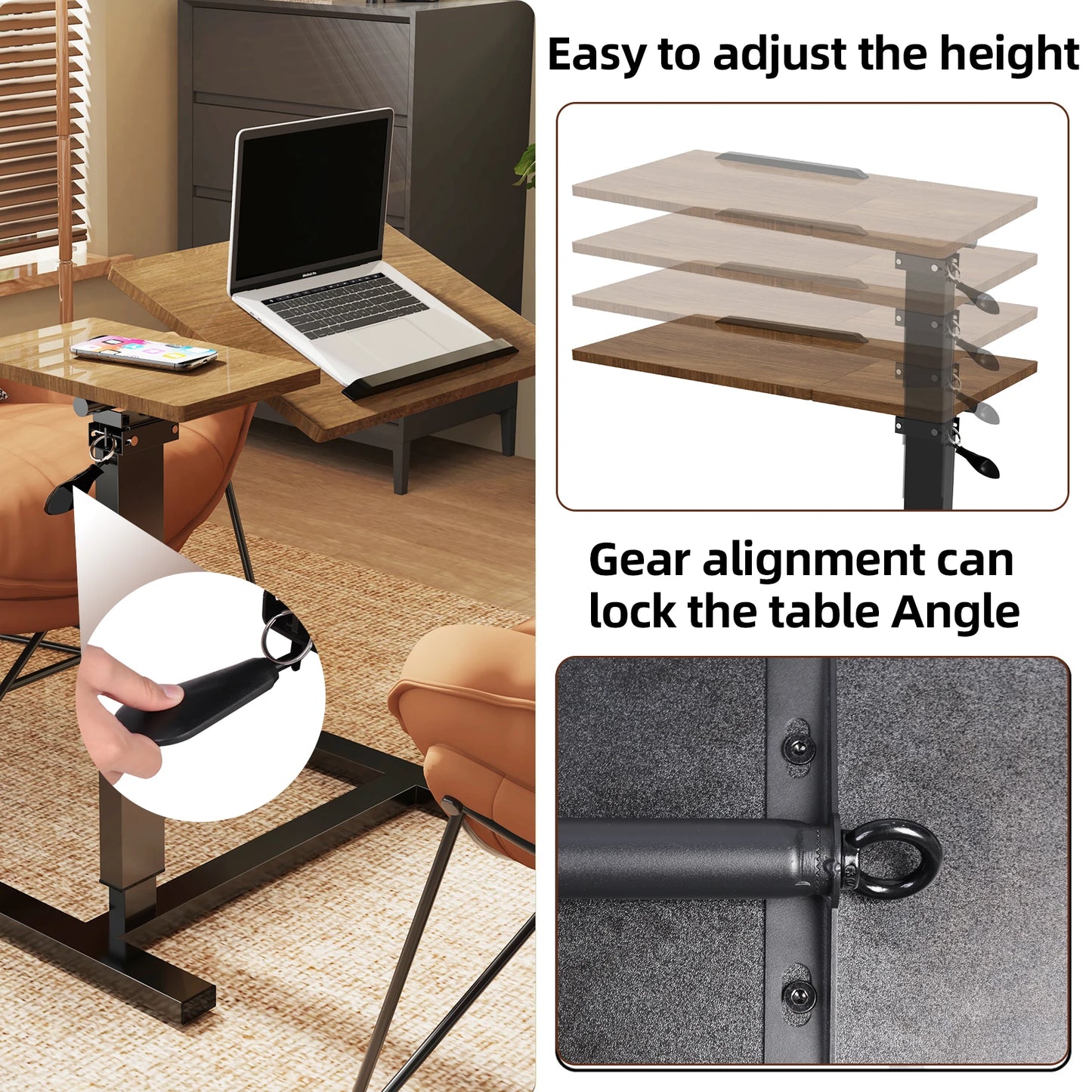 Height Adjustable Table,  Bedside desk,  Laptop Table with Hidden Rolling Wheels