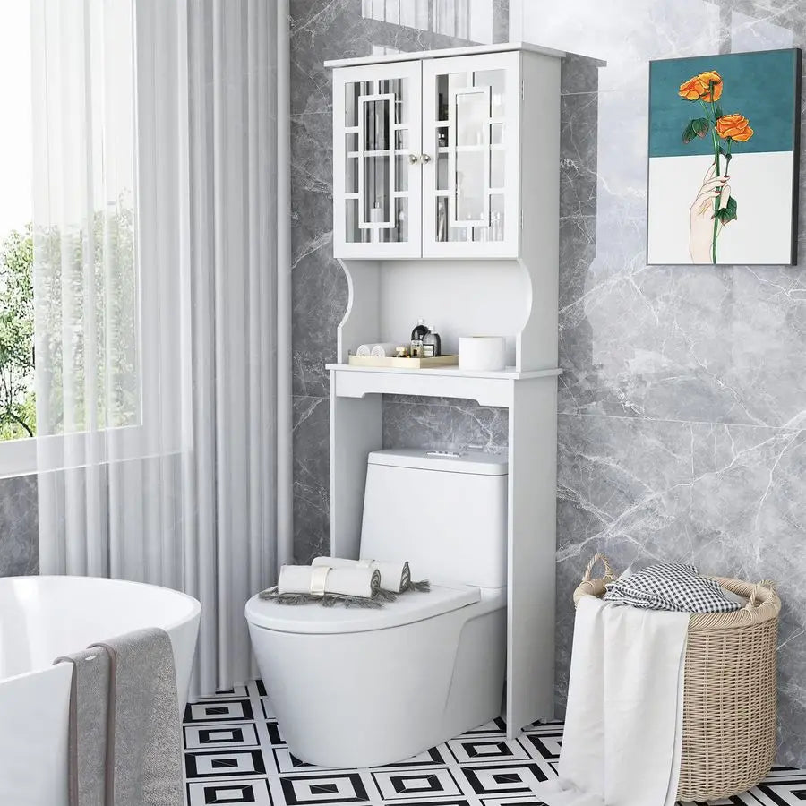 Over The Toilet Storage Cabinet, Home Bathroom Space Saver Organizer Above Toilet, Double Doors and Adjustable Shelf