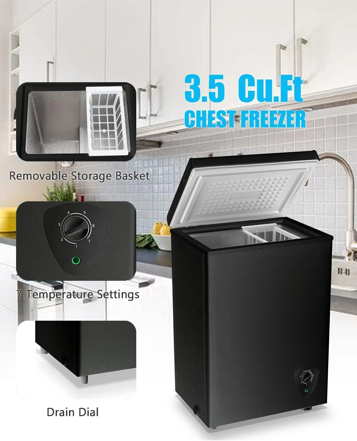 Small Freezer Black Deep Freezers 3.5 Cu.Ft Compact Free-Standing Top Door Adjustable 7 Thermostat and Removable Basket