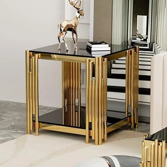 Modern Stainless Steel Leg Square Clear Tempered Glass End Table for Living Room and Sofa Side