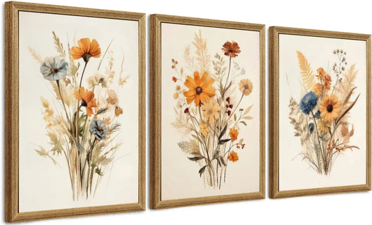 Vintage Wildflower Canvas Wall Art Set of 3, Rustic Wood Frame Floral Prints for Bedroom Living Room Decor