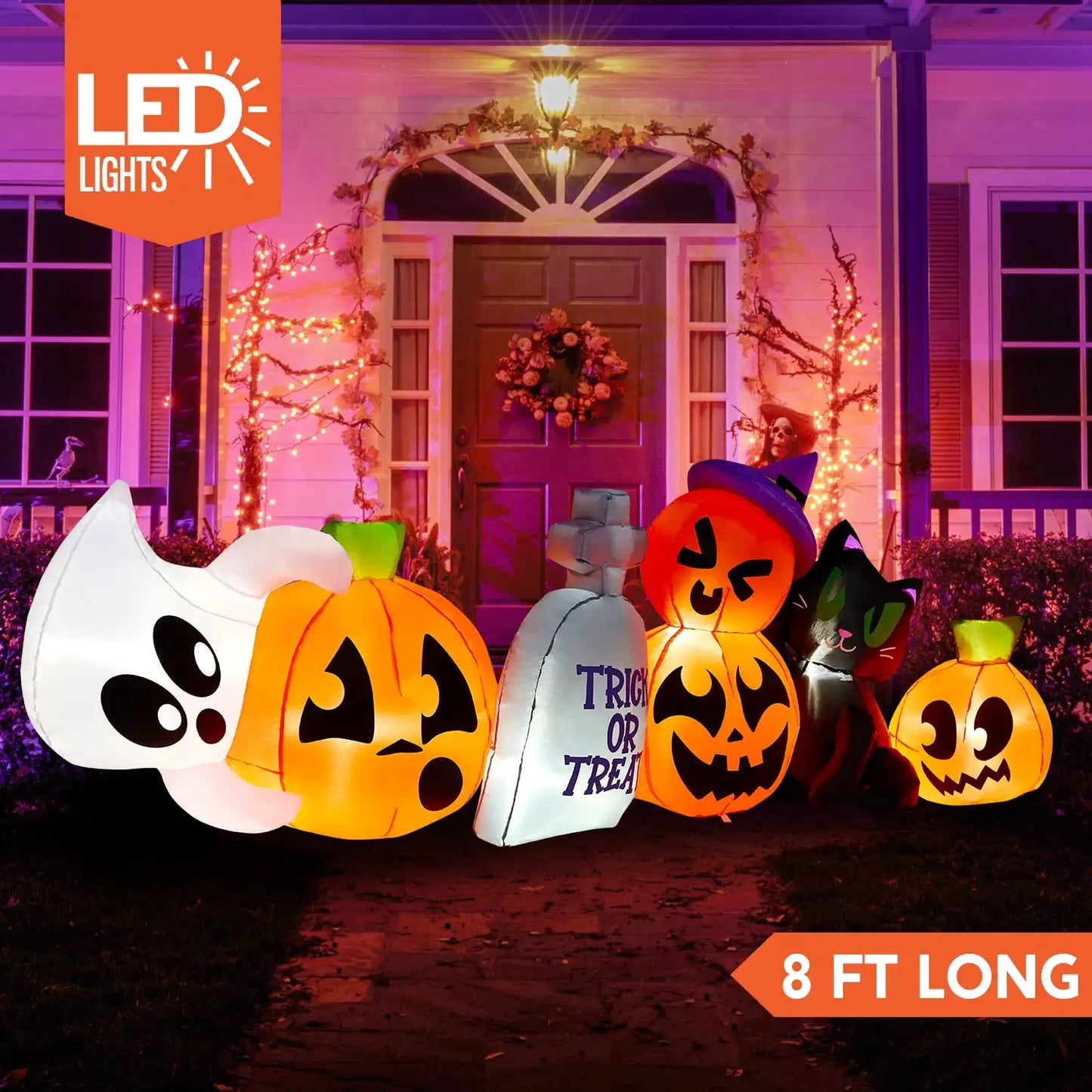 Joyfy 8 ft Halloween Inflatables Characters Long Light Up Pumpkin Ghost Cat Tombstone Halloween Blow up Yard Decorations
