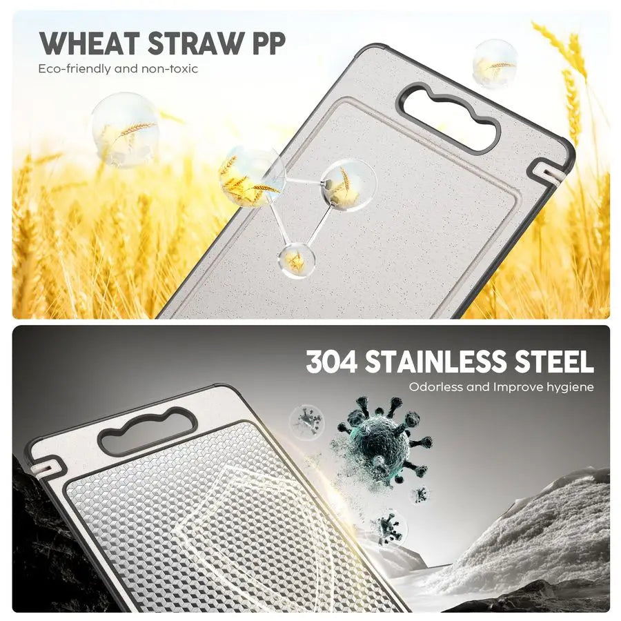 Sided 304 Stainless Steel amp Wheat Straw Cutting Board,Non Toxic Lightweight Chopping Board, Dishwasher Safe,Scratch Resistant