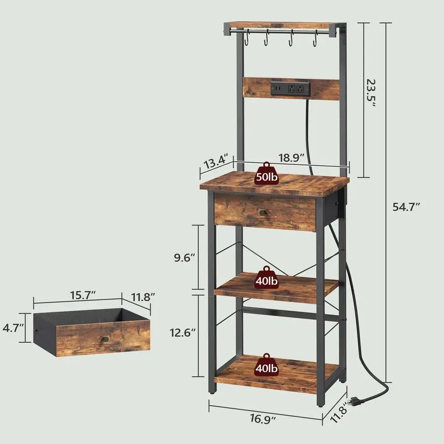 Rack with Drawer, Microwave Stand with Power Outlet, Coffee Bar Station with 4 Hooks, Kitchen Storage Shelf Rack 4 Tiers, for Kitchen