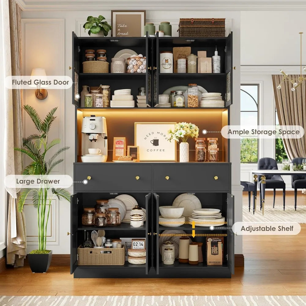 71 Inch Pantry with LED Light and Charging Station, Farmhouse Kitchen Pantry with Microwave Mount, 47.2 Inch Wide Kitchen Pantry