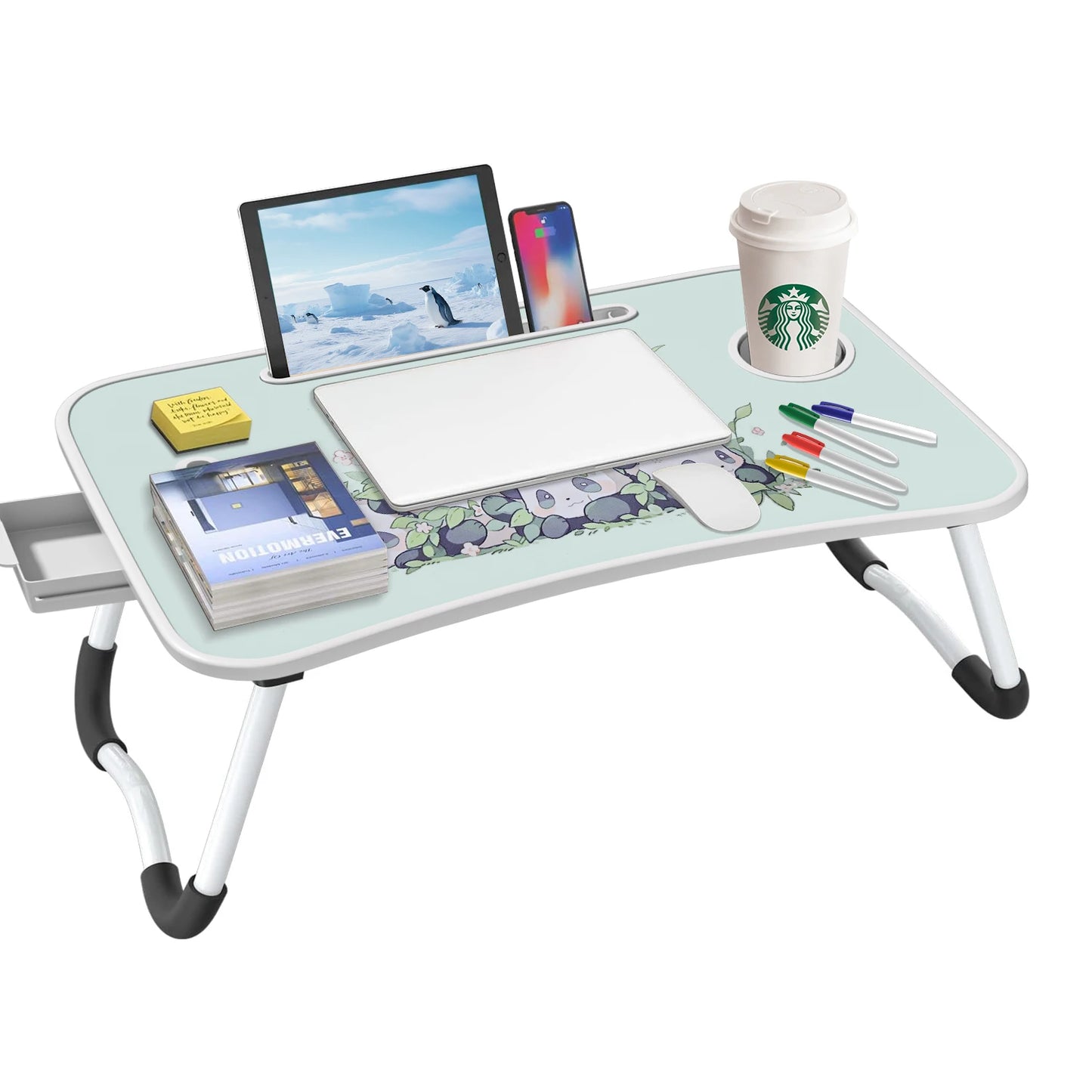 Extra-large multifunctional folding desk, portable multi-color wooden laptop bed desk with cup holder, suitable for work, reading