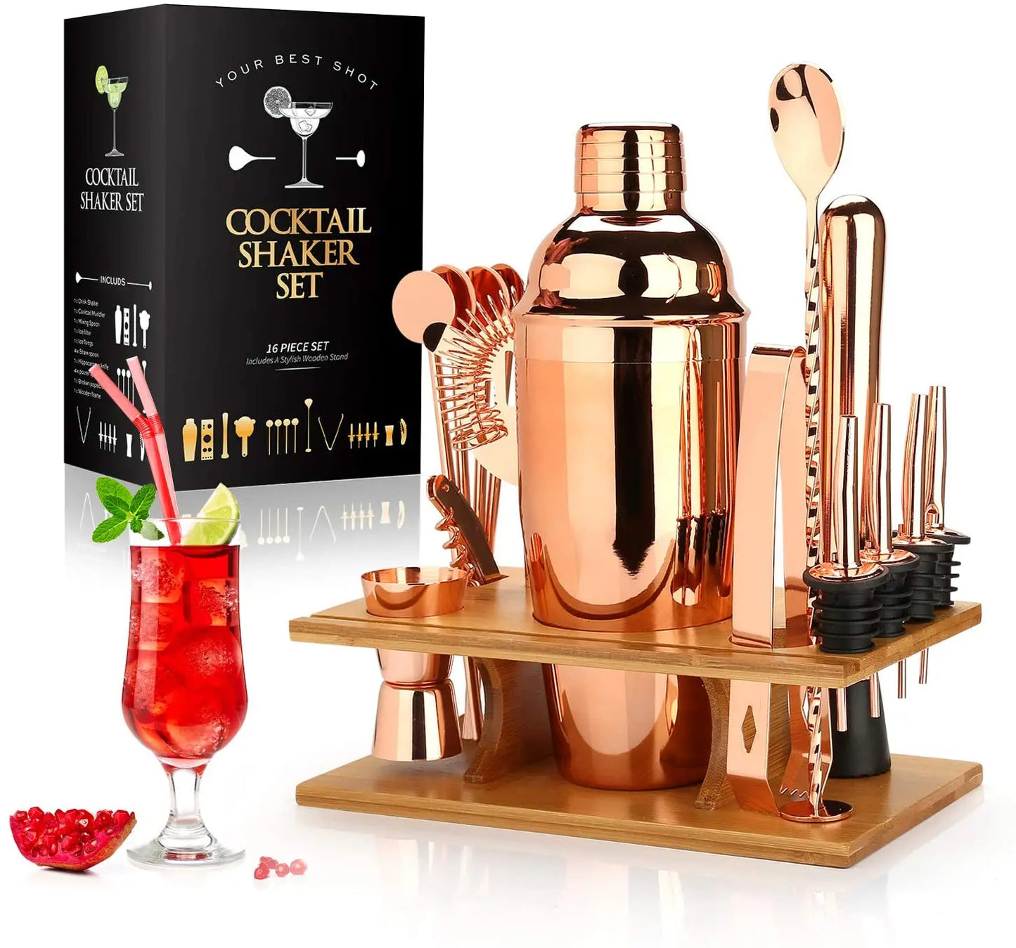 Cocktail Shaker Making Set, 16pcs Bartender Kit For Mixer Wine Martini, Stainless Steel Bar Tools, Home Drink Party Accessories