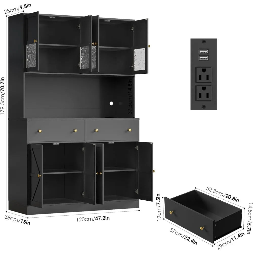 71 Inch Pantry with LED Light and Charging Station, Farmhouse Kitchen Pantry with Microwave Mount, 47.2 Inch Wide Kitchen Pantry