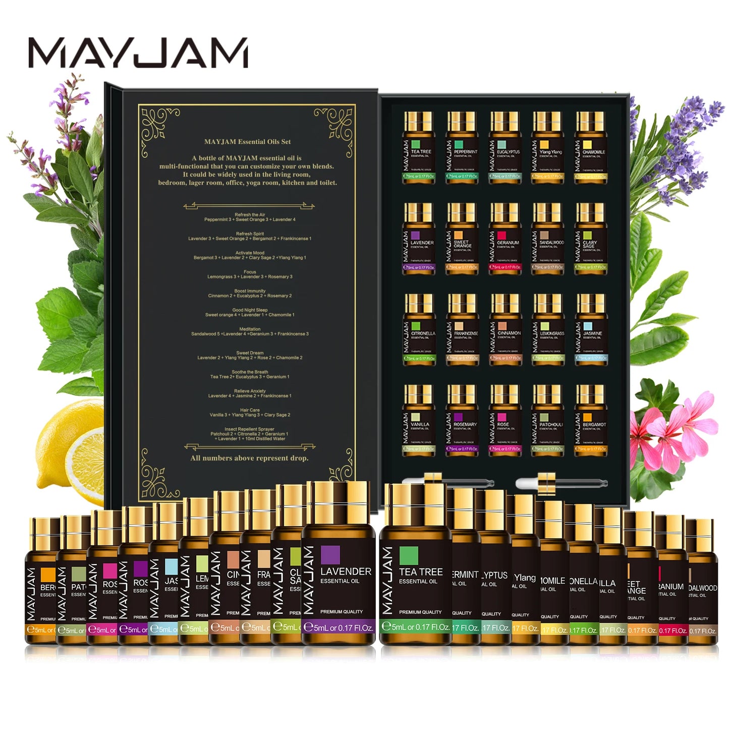 MAYJAM 20 Bottles Essential Oils Kit Set Lavender, Jasmine, Eucalyptus, Vanilla, Sandalwood, Sweet Orange, Geranium, Patchouli