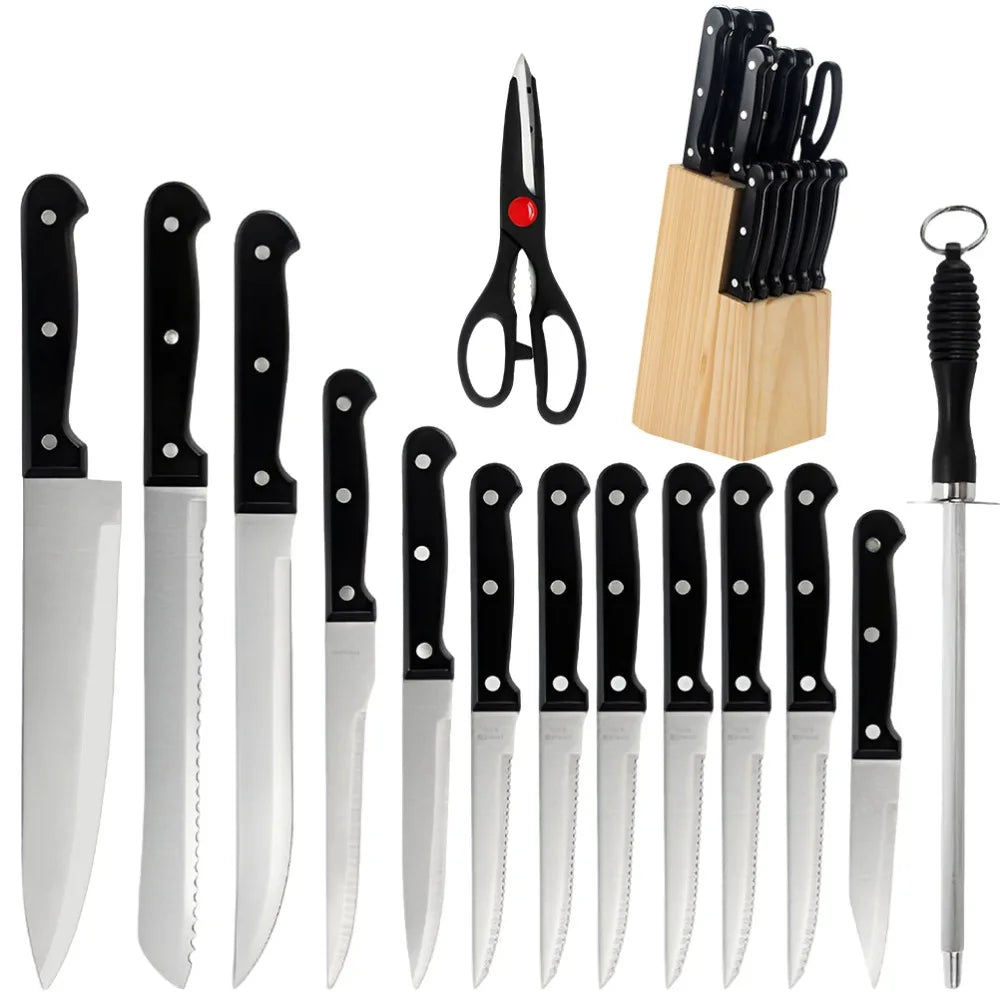 ZENG Full 15pcs Chef Knife Set Stainless Steel, Kitchen Knives Sets with Scissors, Sharpening Rod, Solid Wood Holder Cooking Tool