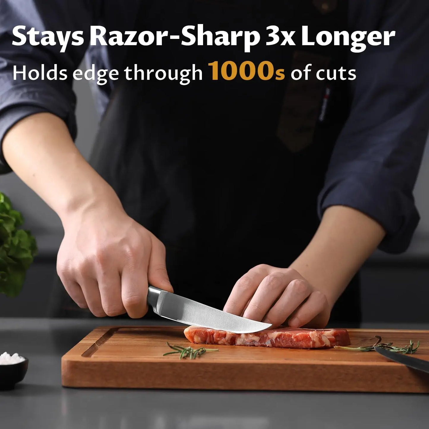 Steak Knives Set of 8, 5 Inch Non Serrated Steak Knife with Beech Block, Razor-Sharp German Stainless Steel Dinner Knives, Durable