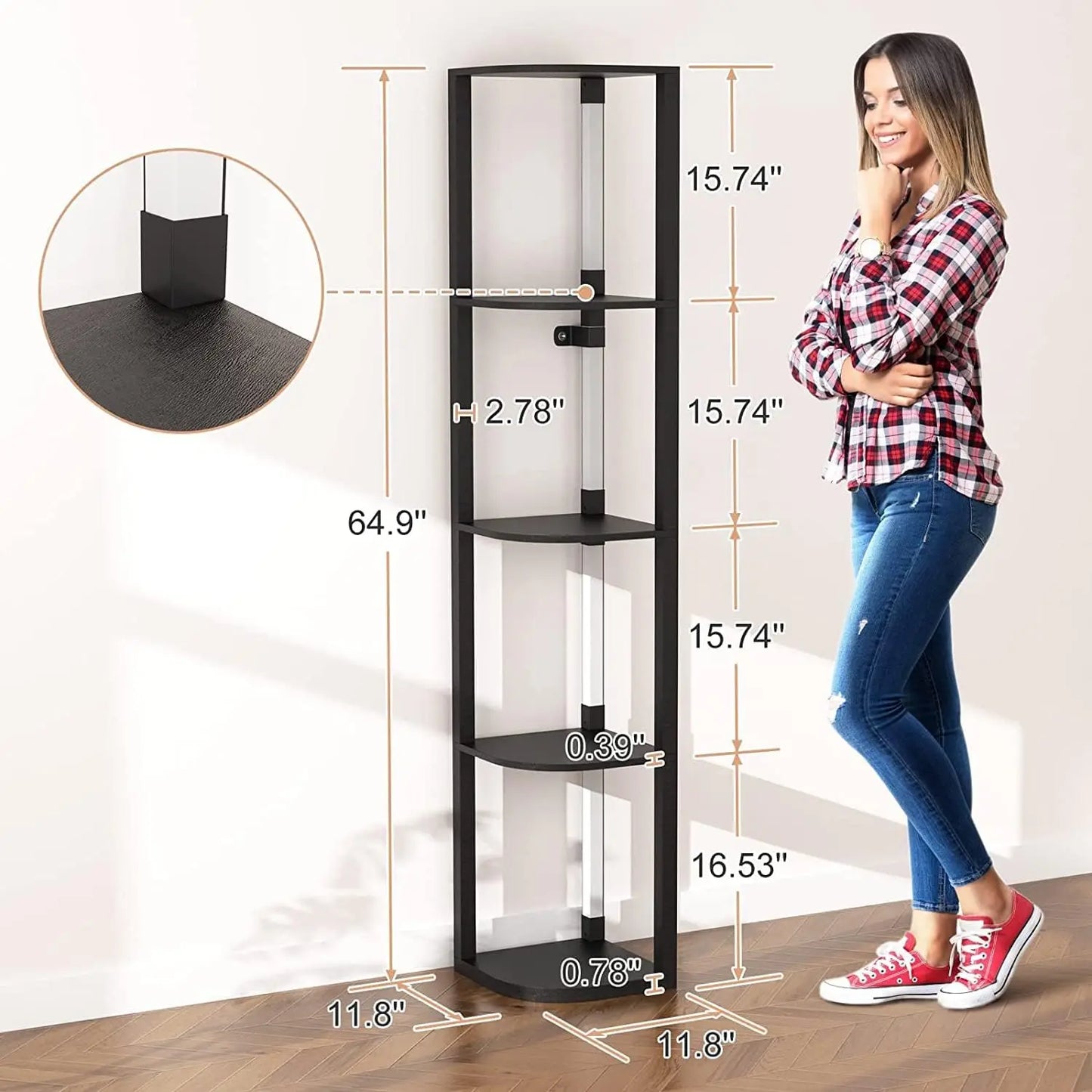 Modern Corner Shelf with LED Lights, 5-Tier Storage Display for Living Room Bedroom Small Spaces