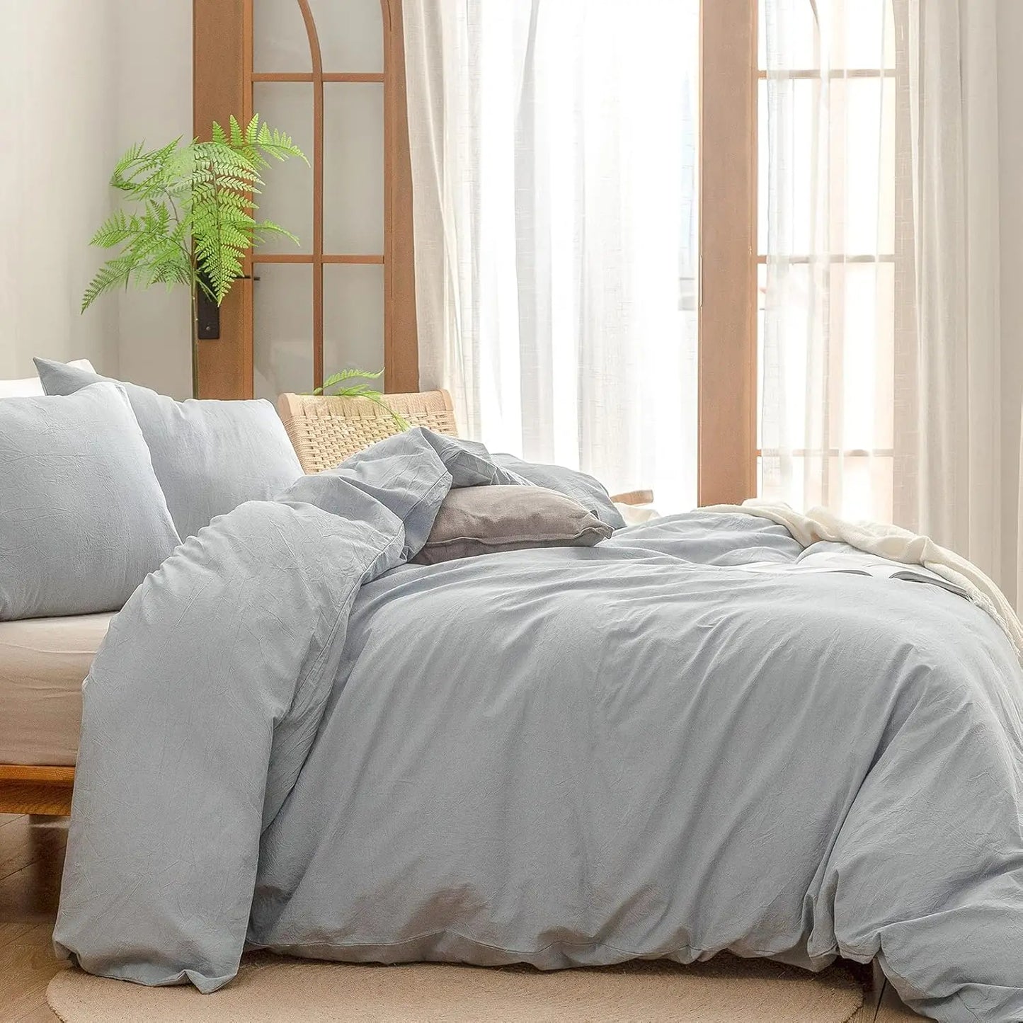 100% Washed Cotton Duvet Cover Set Super Soft Lightweight 3 PCs Queen Size Cornflower Blue