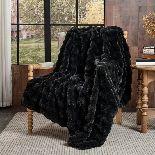 Faux Fur Throw Blanket Black Big Bubble Rabbit Fluff Blanket for Couch, Small Fluffy Fuzzy Cozy Blanket, Thick Furry Plush Shagg