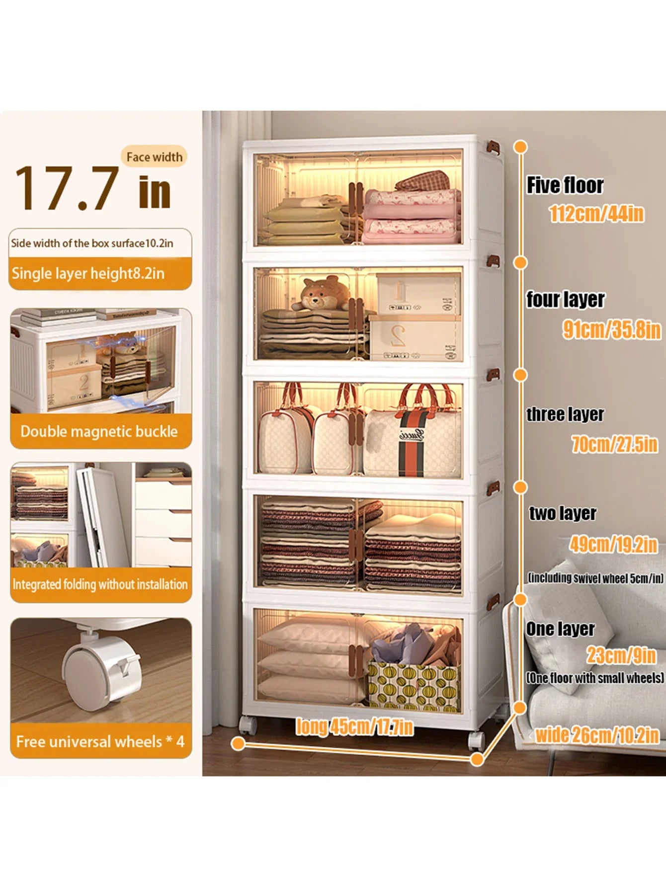 5 Tier Versatile 1-5 Tier Folding Storage Cabinet with Magnetic Doors - Dustproof, Waterproof for Clothes, Toys, Snacks